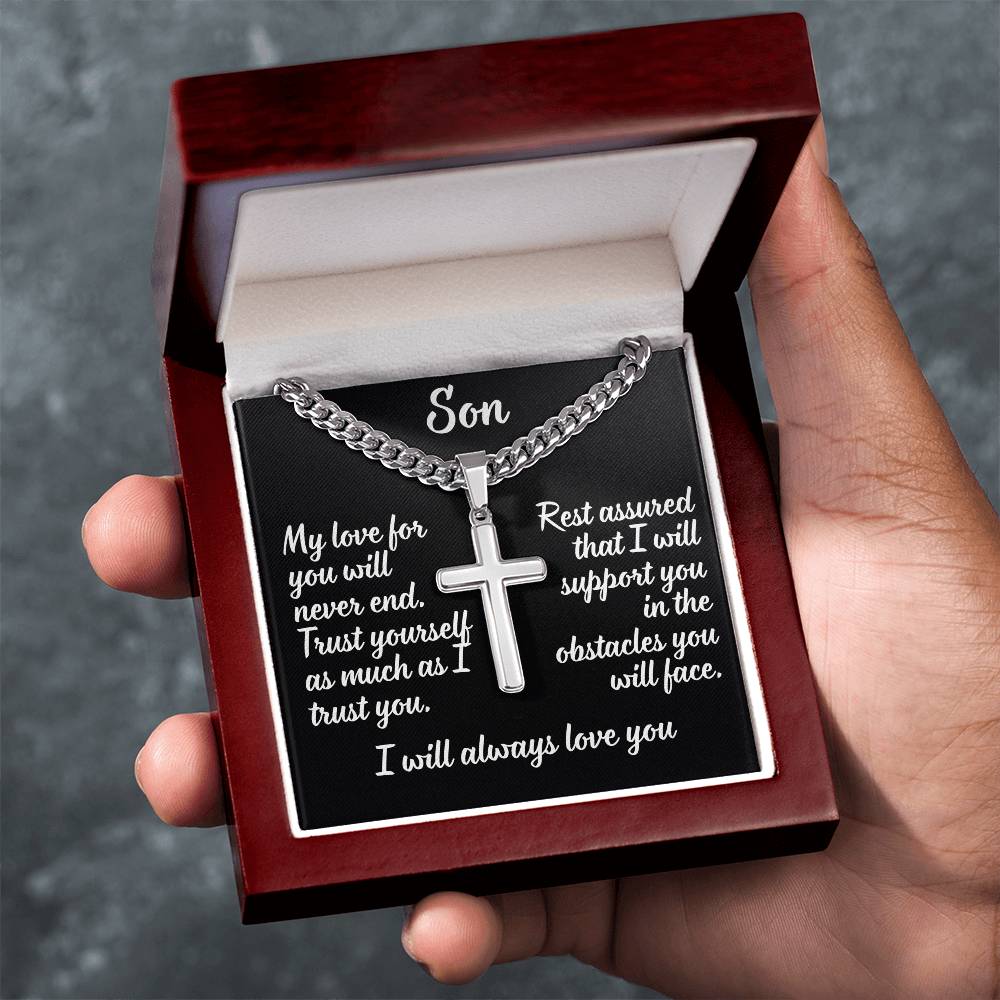 For my son, I love you forever, Artisan Cross Necklace on Cuban Chain w/ MC