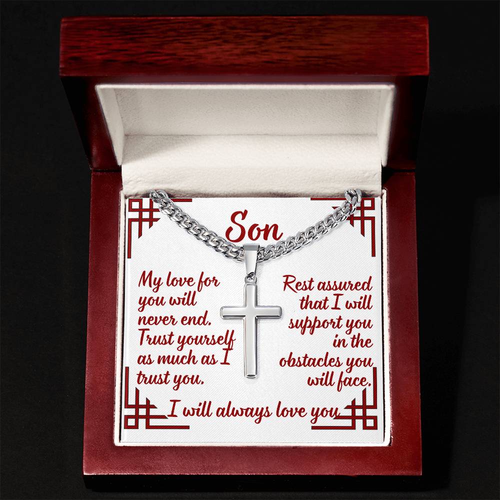 To my son, I love you, Artisan Cross Necklace on Cuban Chain w/ MC