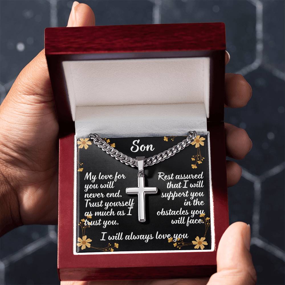 For my son, I love you endlessly, Artisan Cross Necklace on Cuban Chain w/ MC