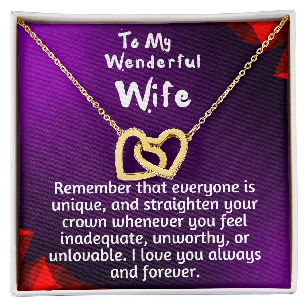 For my wife, I love you always, Interlocking Hearts Necklace (Yellow & White Gold Variants)