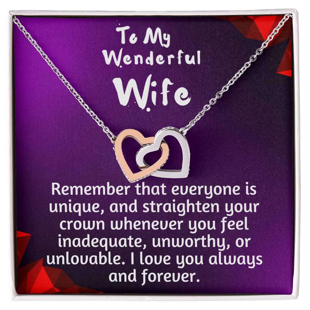 For my wife, I love you always, Interlocking Hearts Necklace (Yellow & White Gold Variants)