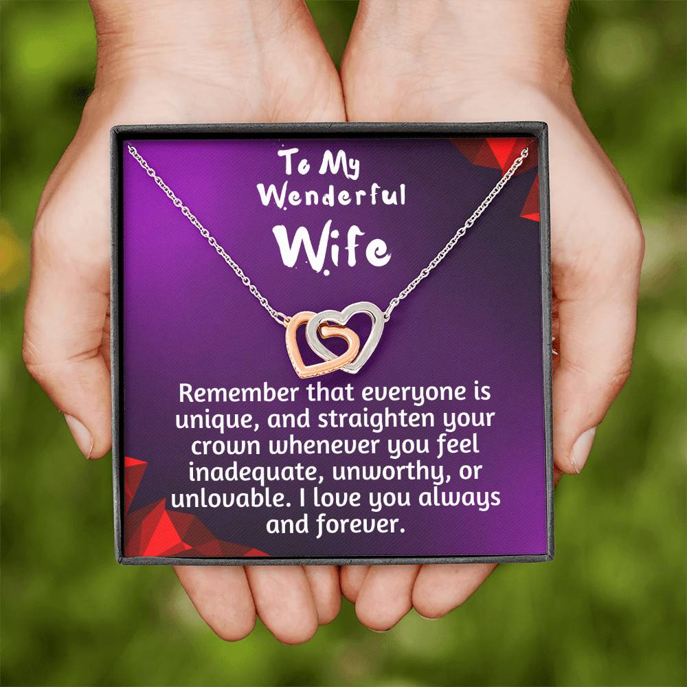 For my wife, I love you always, Interlocking Hearts Necklace (Yellow & White Gold Variants)