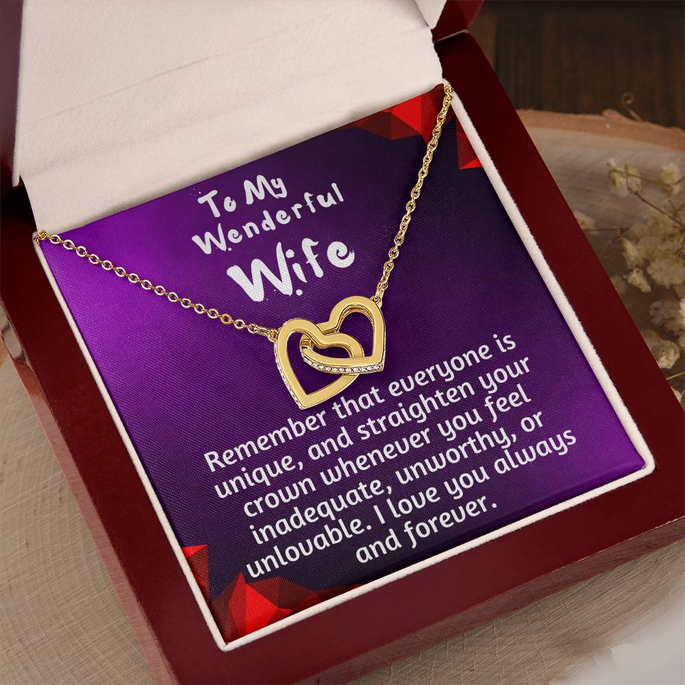For my wife, I love you always, Interlocking Hearts Necklace (Yellow & White Gold Variants)