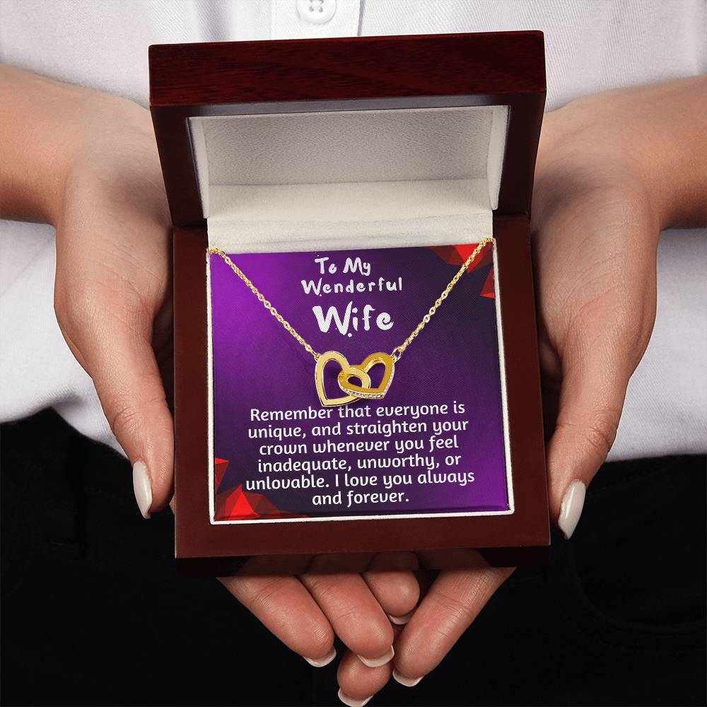 For my wife, I love you always, Interlocking Hearts Necklace (Yellow & White Gold Variants)