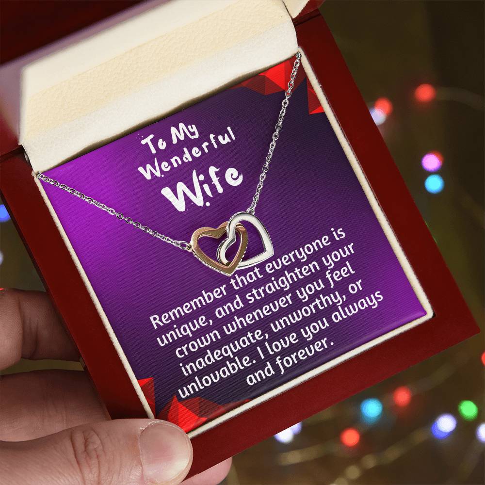 For my wife, I love you always, Interlocking Hearts Necklace (Yellow & White Gold Variants)