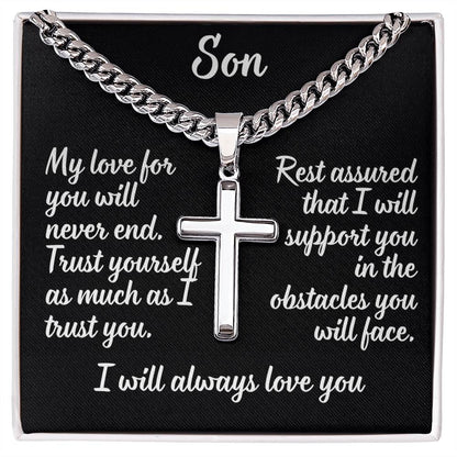 For my son, I love you forever, Artisan Cross Necklace on Cuban Chain w/ MC