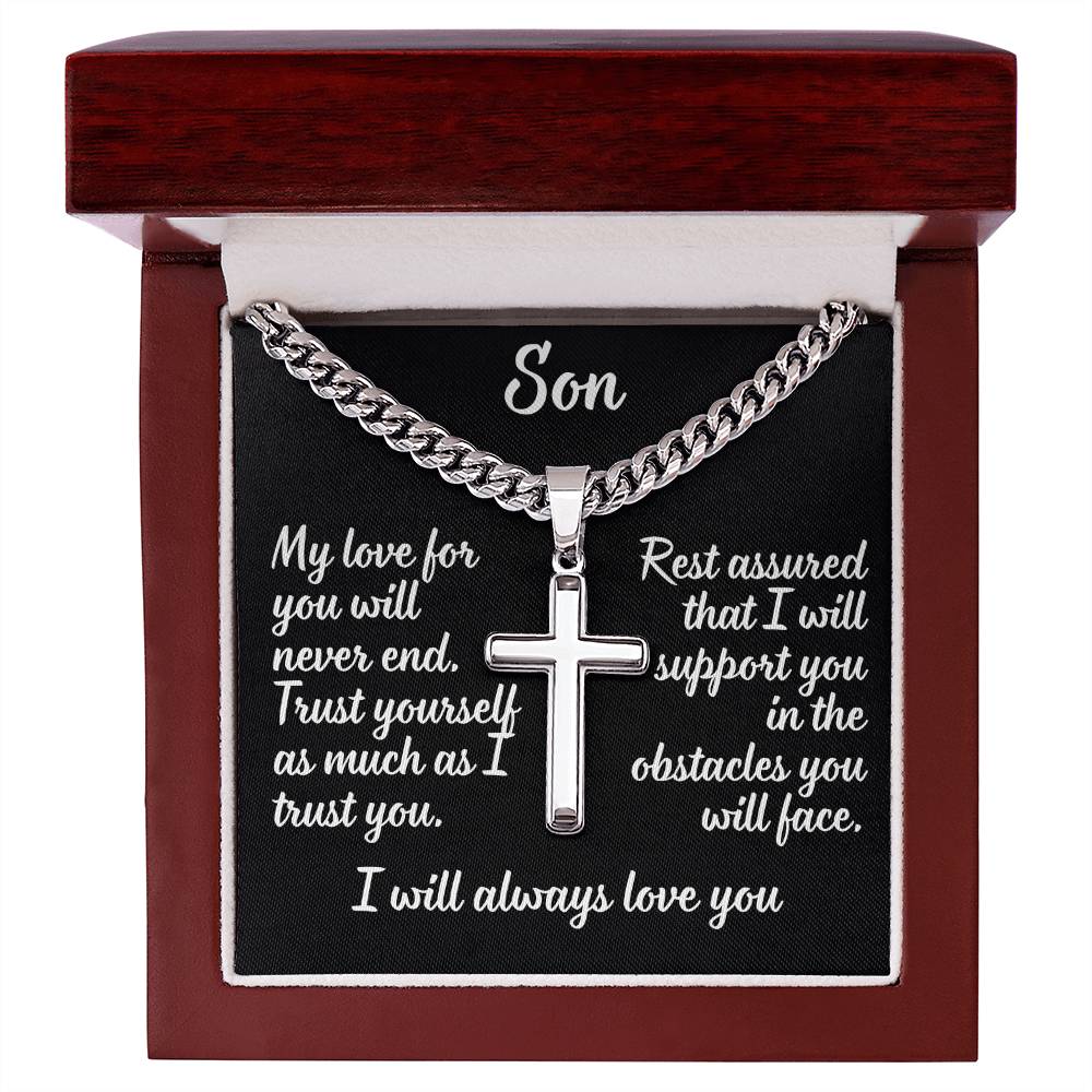 For my son, I love you forever, Artisan Cross Necklace on Cuban Chain w/ MC